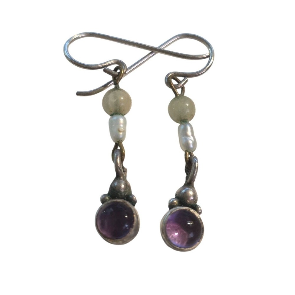 Vintage 925 Sterling Silver Amethyst & Pearl‎ Dangle Earrings